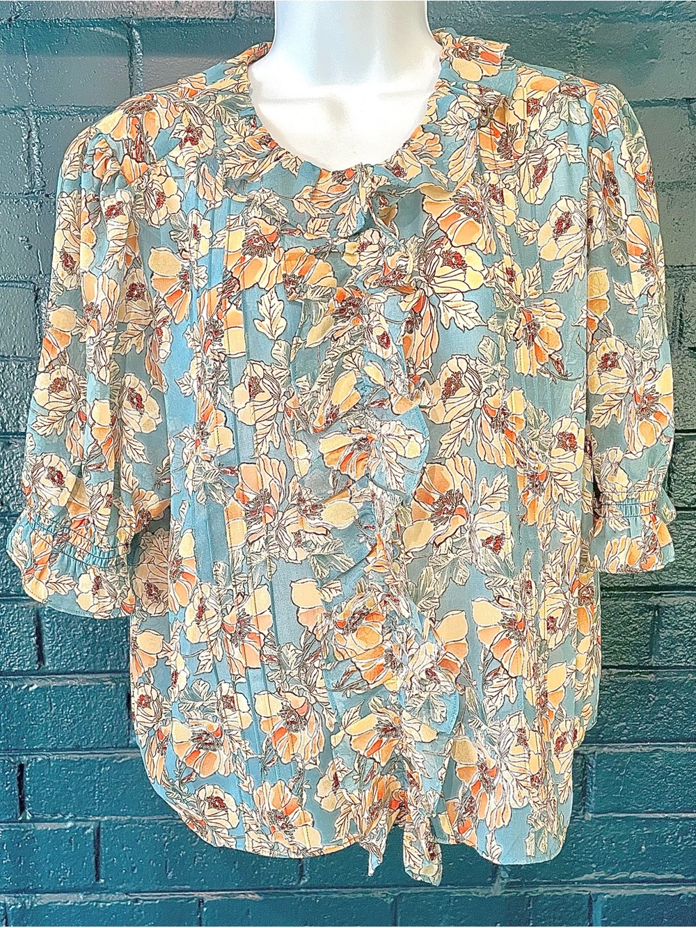 Floral Ruffle Tie-Neck Women's Blouse - Blue and Cream